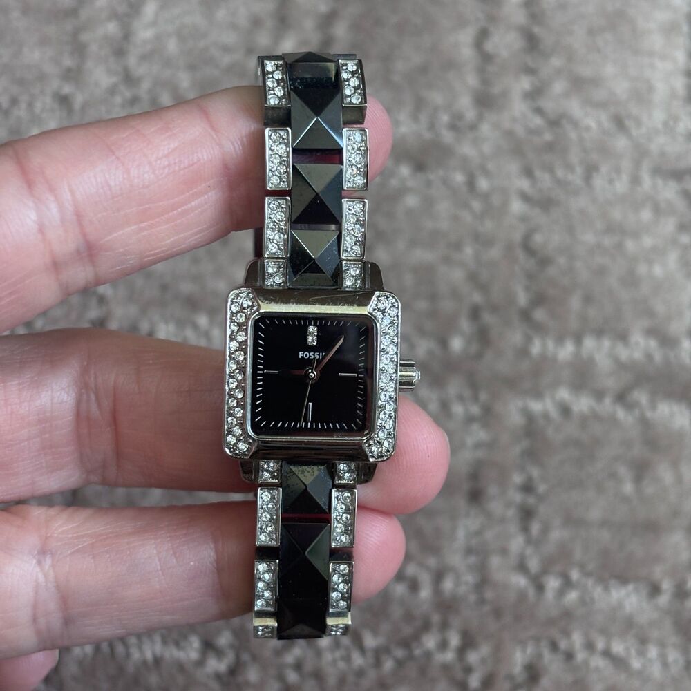 Fossil Silver Tone Stainless Steel Black Accent Watch Women Bling Adjustable